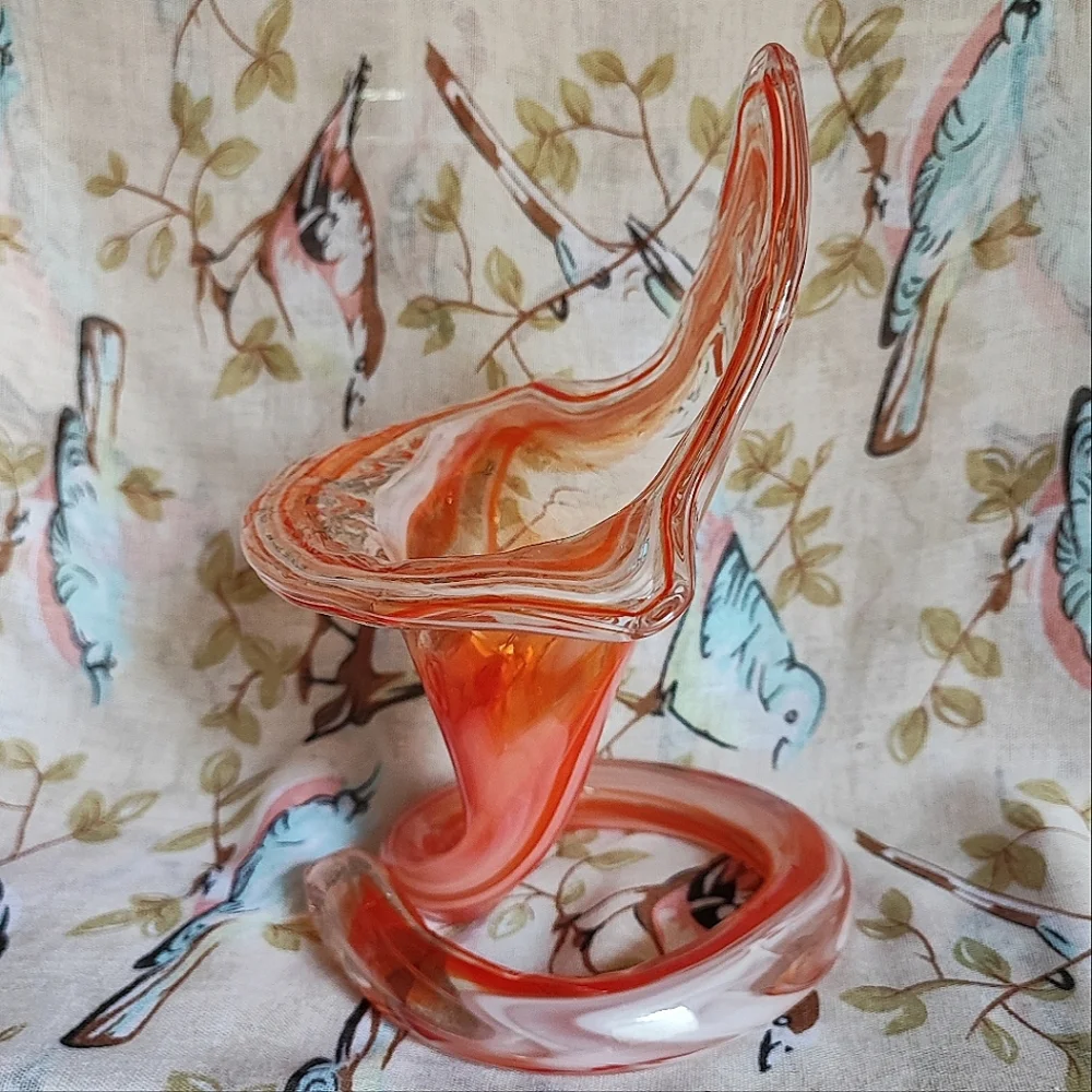 Jack In The Pulpit Blown Glass Swirled Orange Vintage Flower Vase Pontil Mark